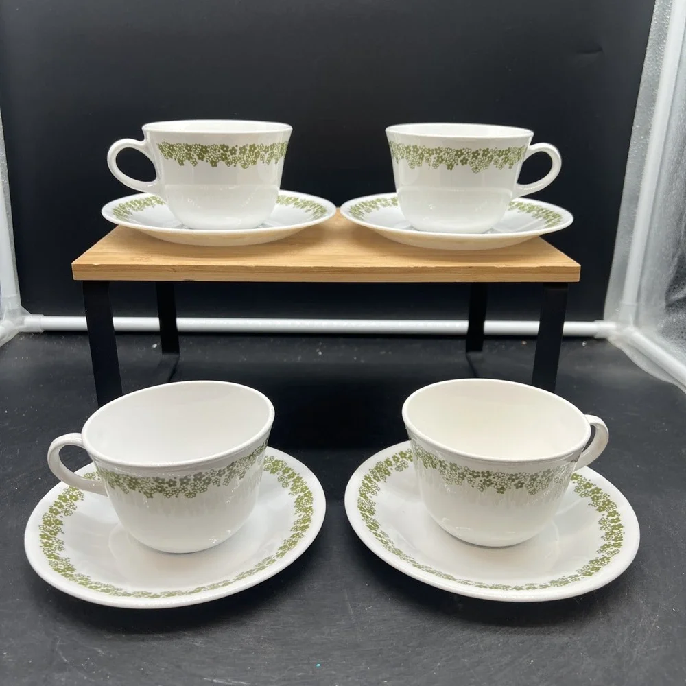 Vintage Corelle Green Spring Blossom Crazy Daisy Coffee Tea Cup Saucer Set of 4